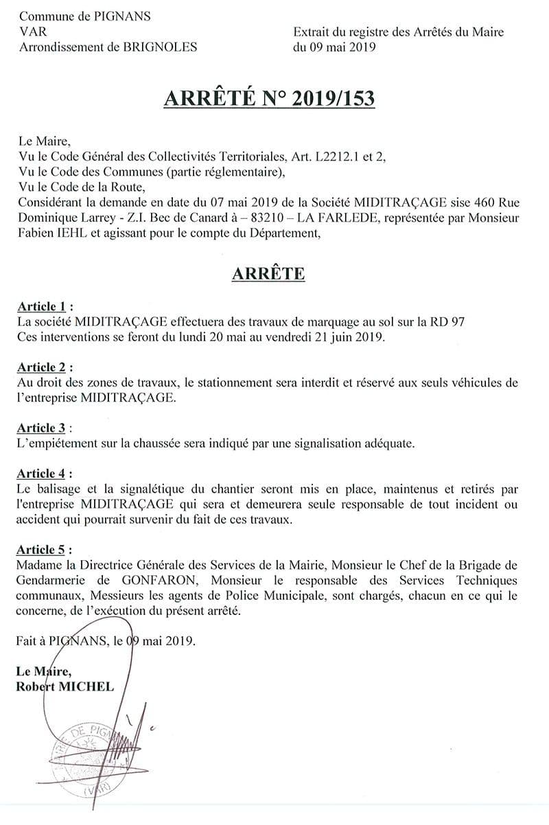 Affiche : Arrete 2019 153 midi tracage