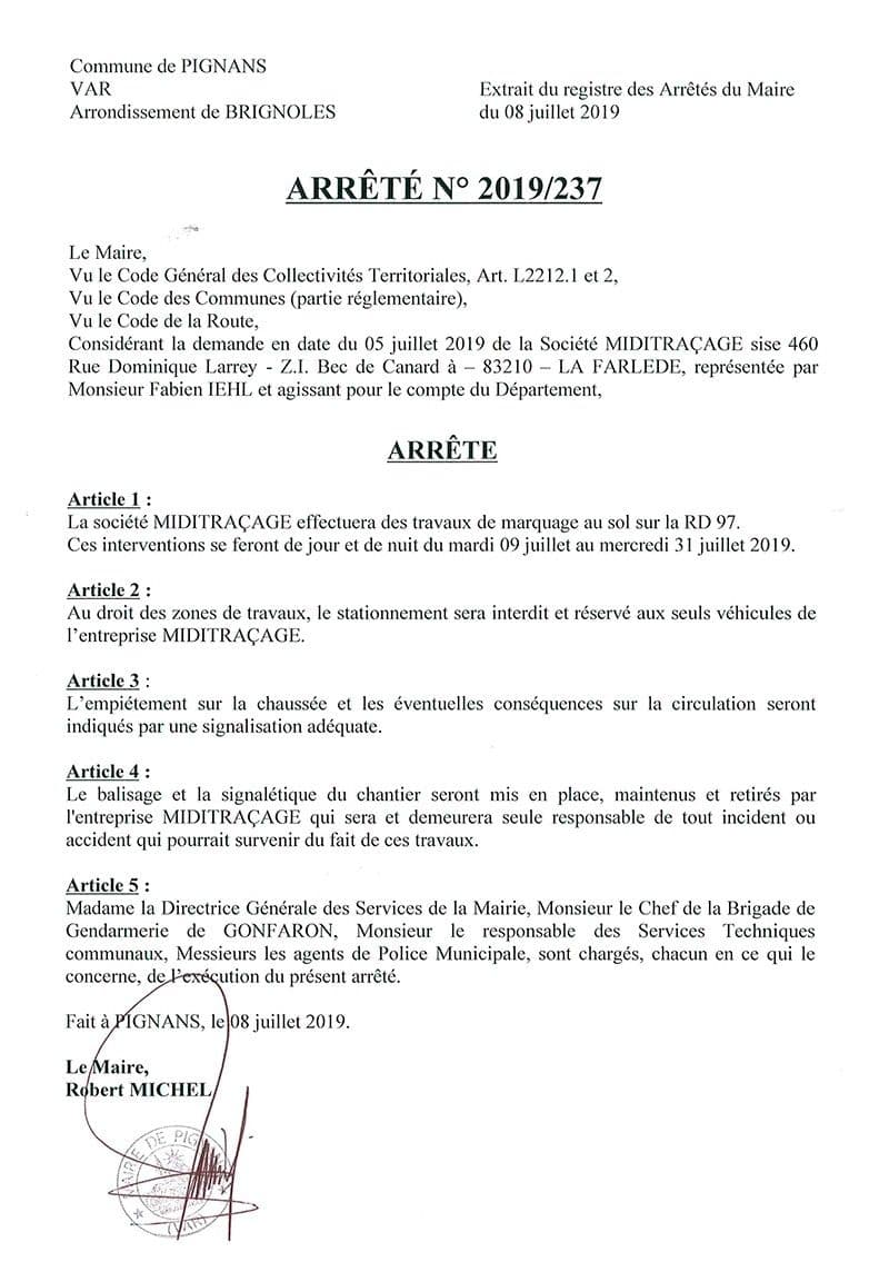 Affiche : Arrete 2019 237 travaux marquage