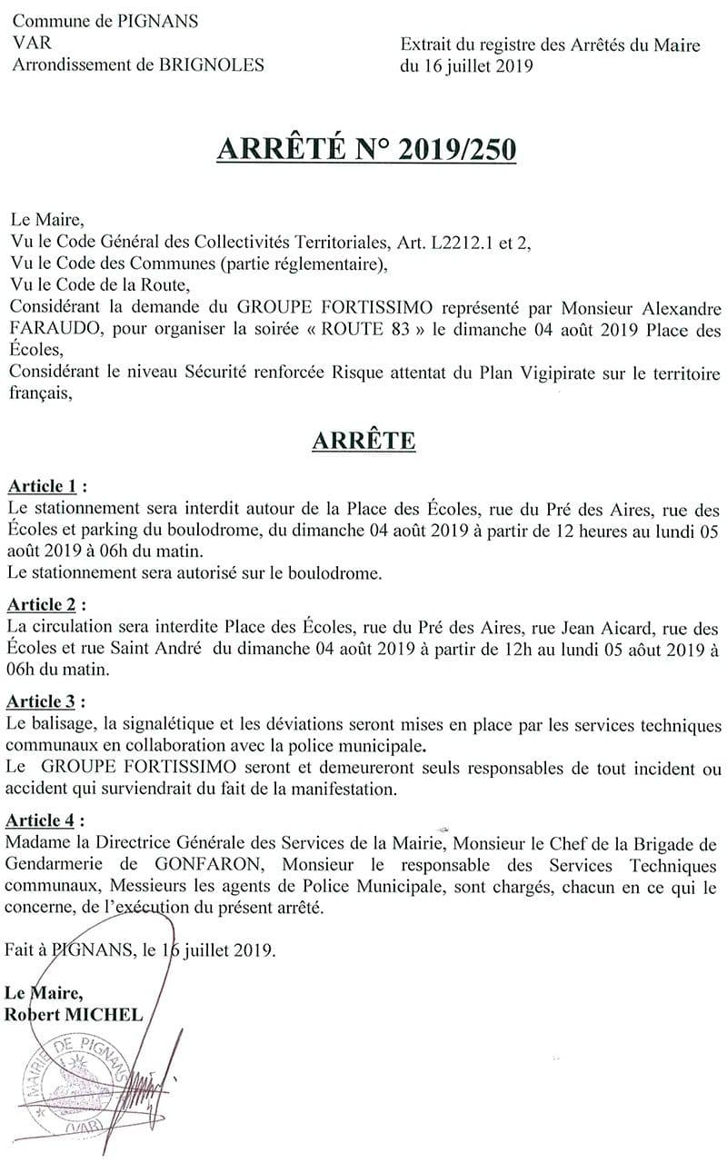 Affiche : Arrete 2019 250 route83