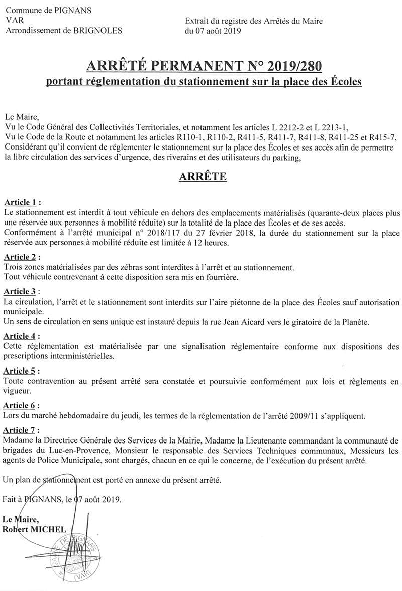 Affiche : Arrete 2019 280 stationnement place ecoles