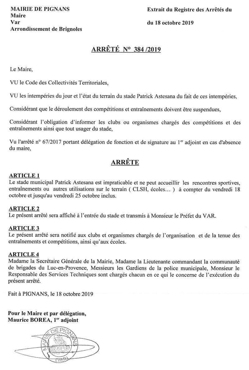 Affiche : Arrete 2019 384 stade