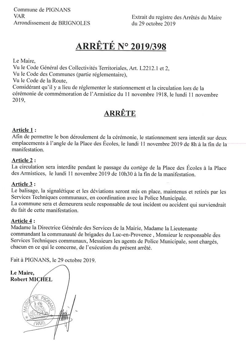 Affiche : Arrete 2019 398 11 novembre