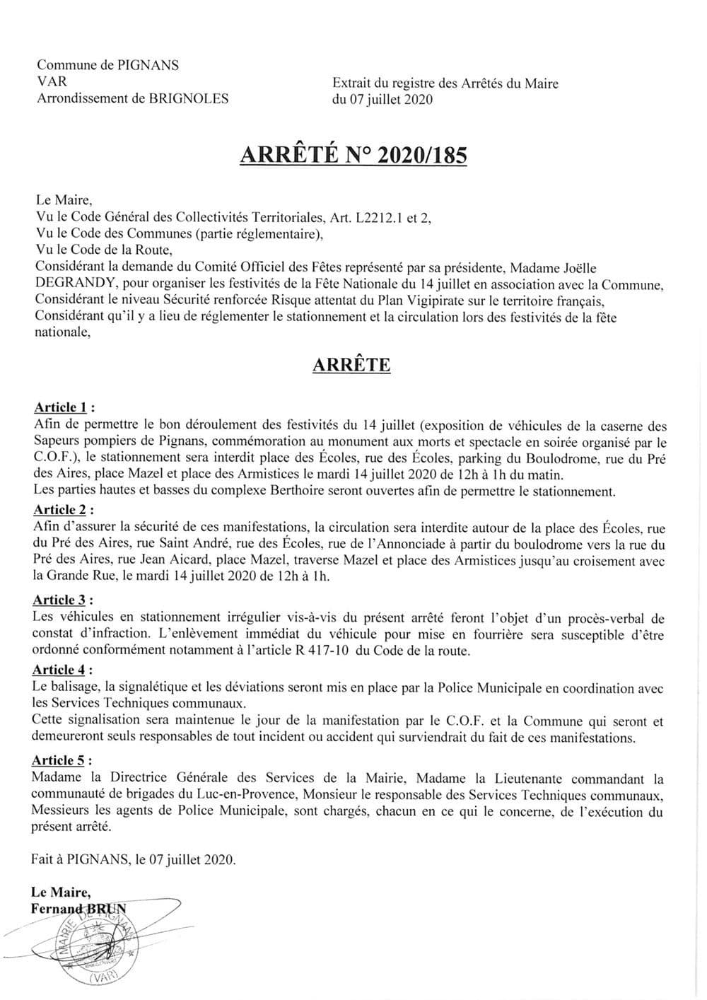 Affiche : Arrete 2020 185 14juillet2020