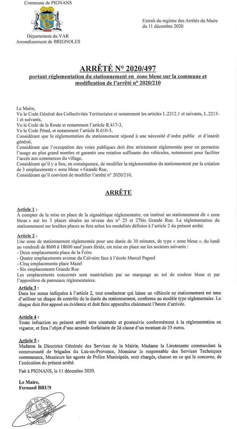 Affiche : Arrete 2020 210 zones bleues