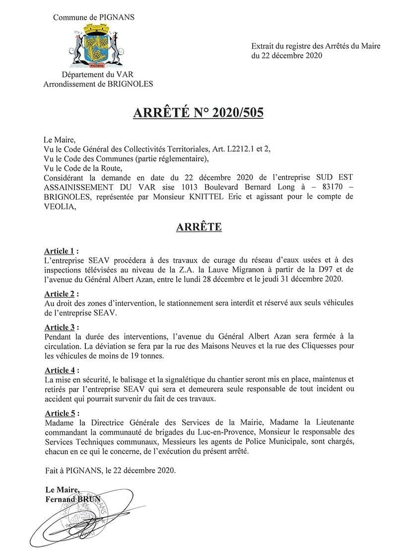 Affiche : Arrete 2020 505 azan