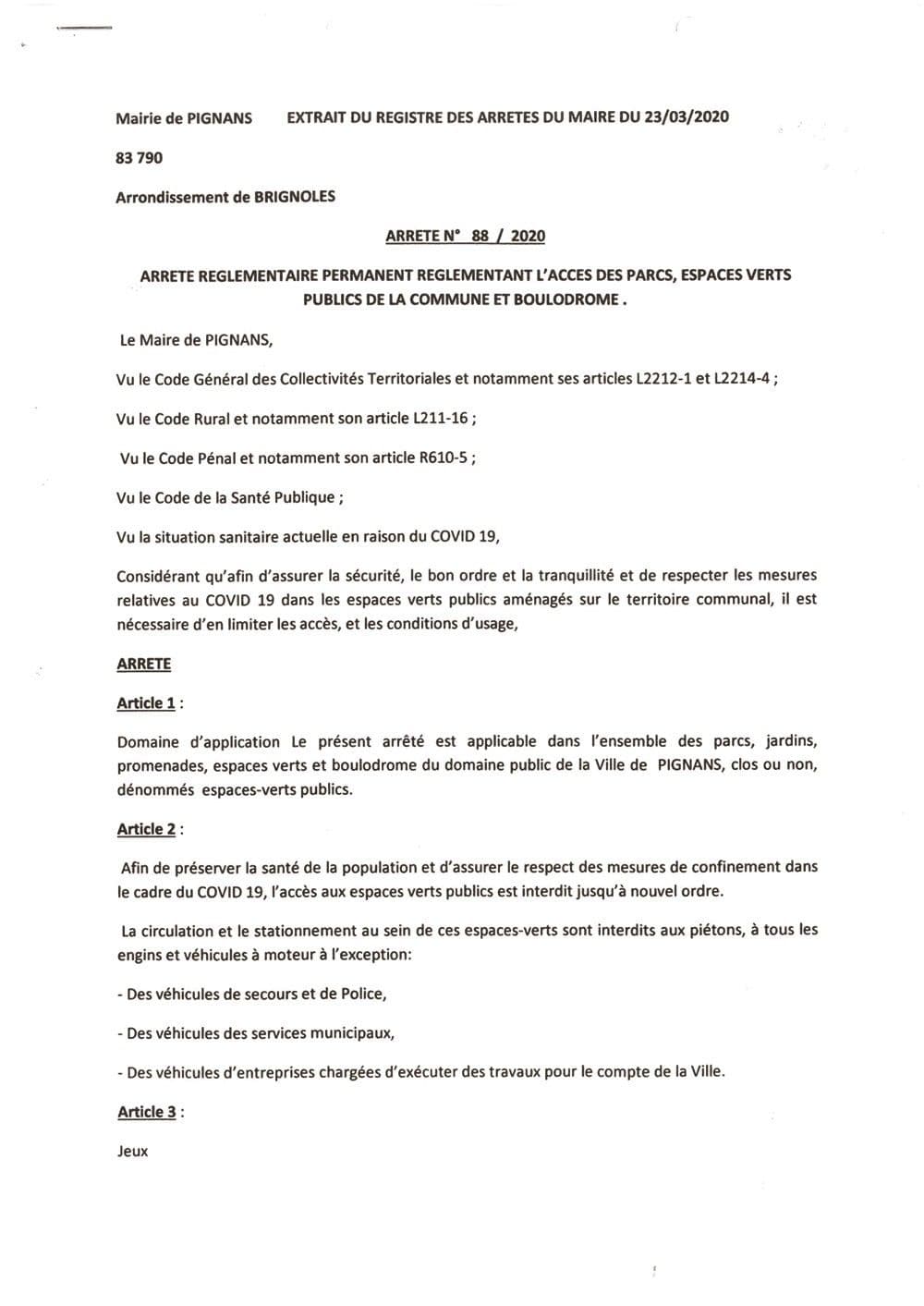 Affiche : Arrete 2020 88 covid19 acces parcs 1