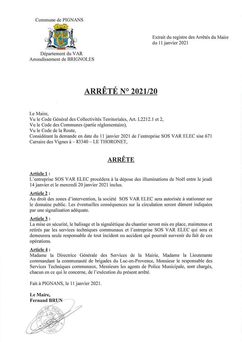 Affiche : Arrete 2021 20 retrait illuminations noel