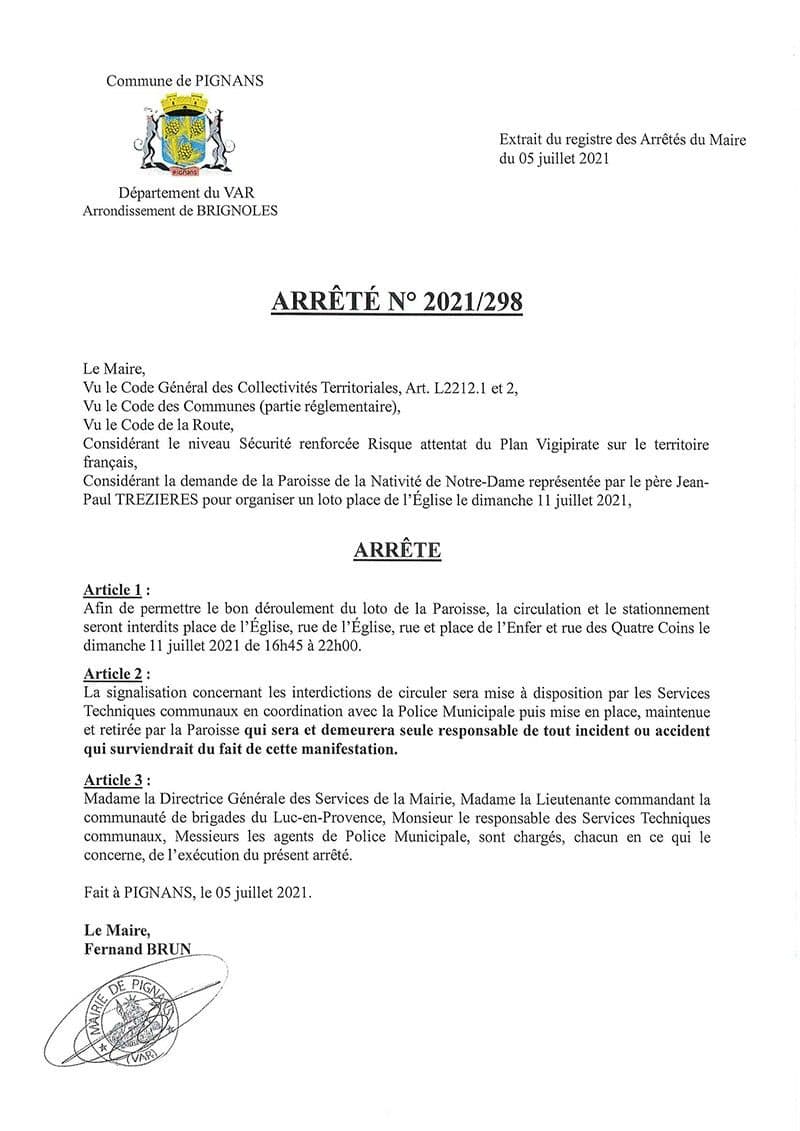 Affiche : Arrete 2021 298 lotoparoisse