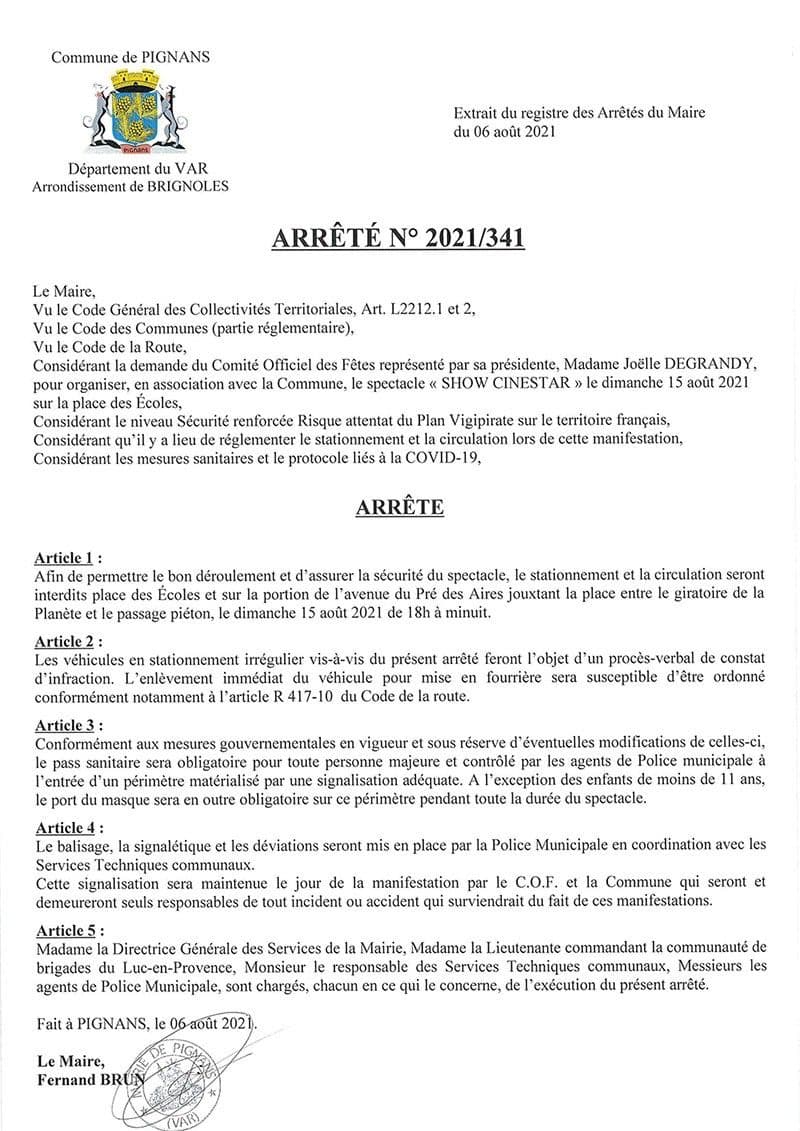 Affiche : Arrete 2021 341 15aout stationnement