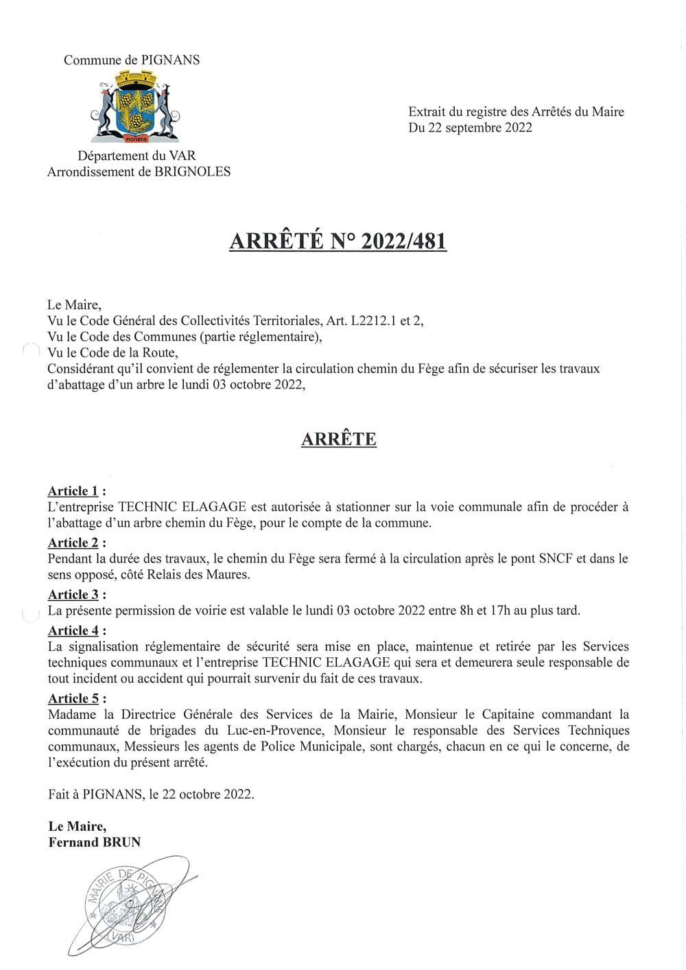 Affiche : Arrete 2022 481 fege
