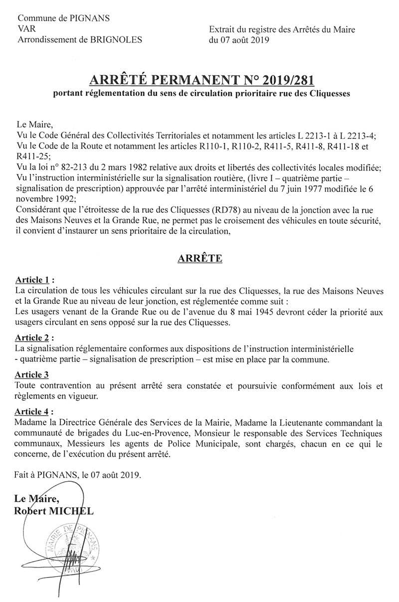 Affiche : Arrete permanent 2019 281 cliquesse