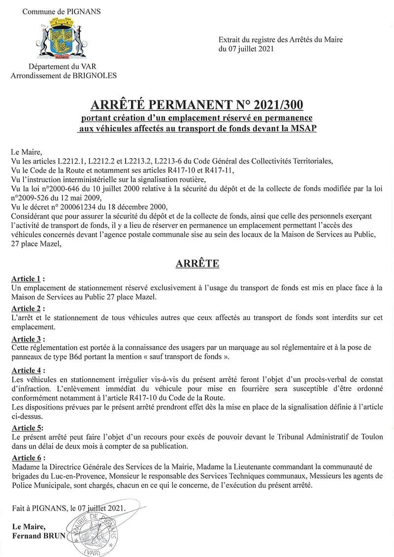 Affiche : Arrete permanent 2021 300 stationnement interdit msap