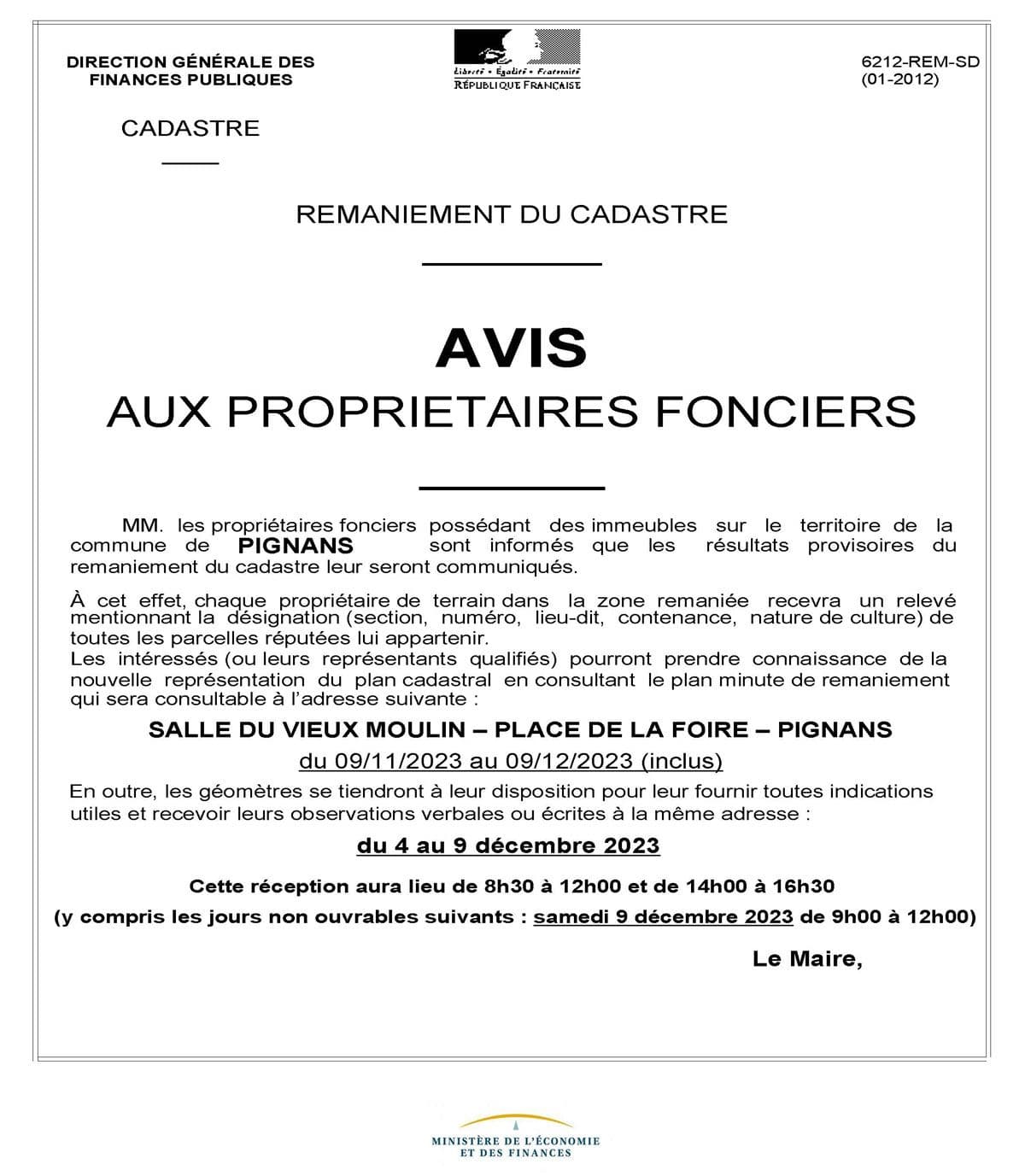 Avis remaniement cadastre 2023