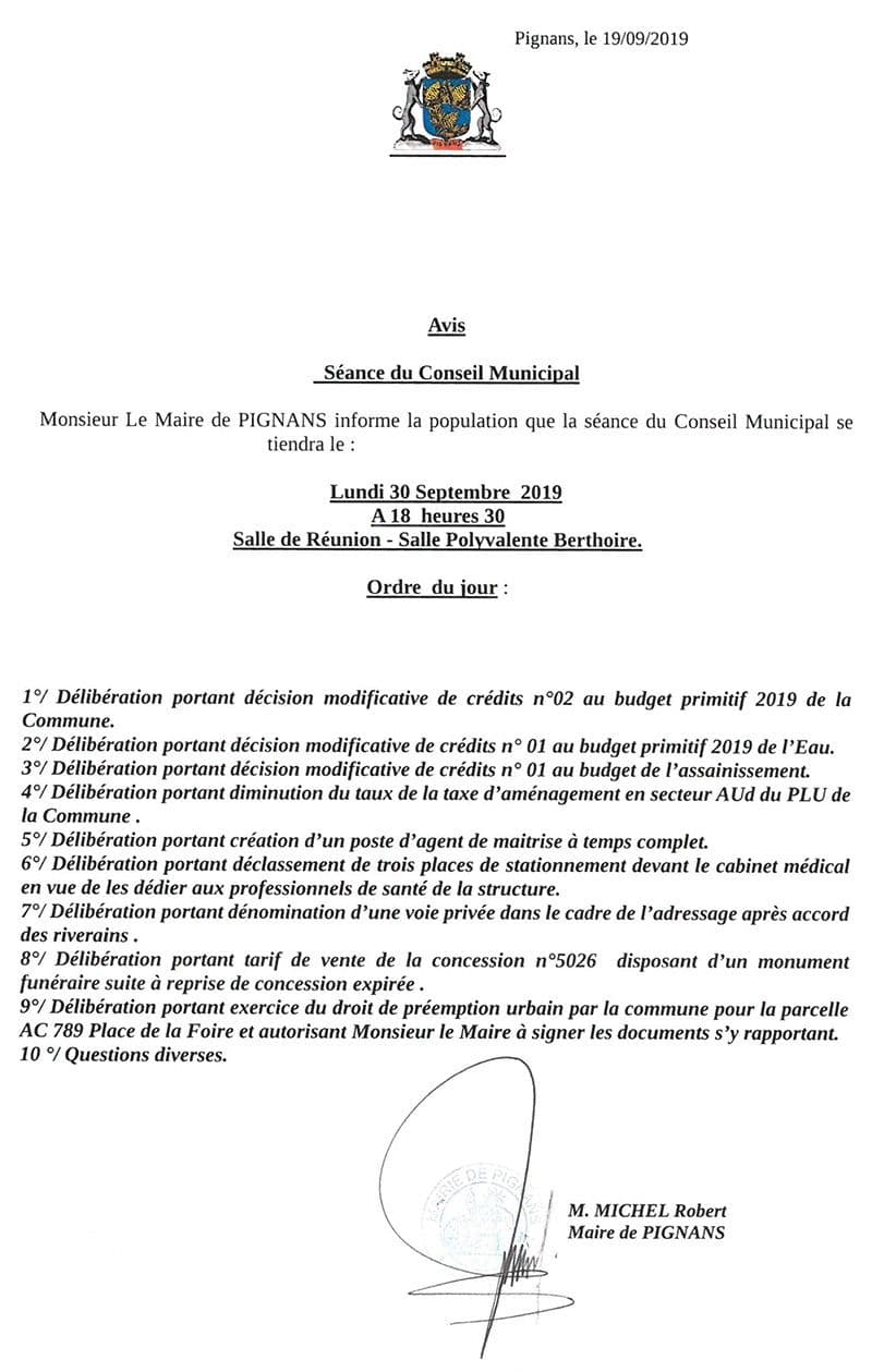20190919 ordre du jour conseil municipal septembre 2019