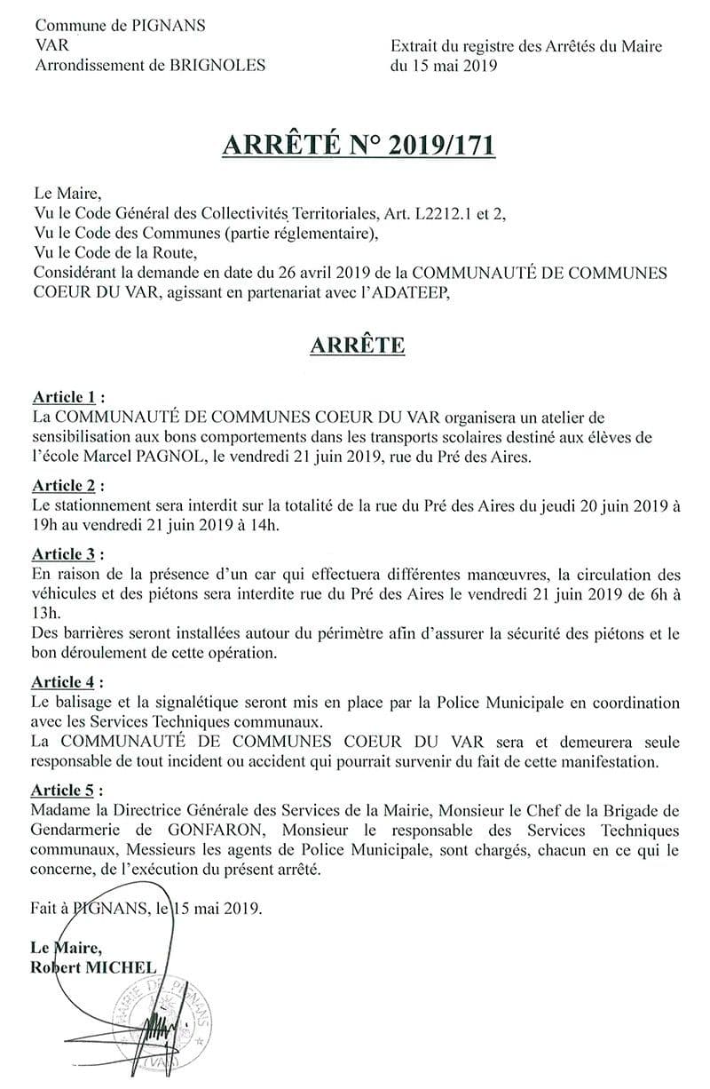 Affiche : Arrete 2019 171 stationnementinterditpresdesaires 21 juin 1