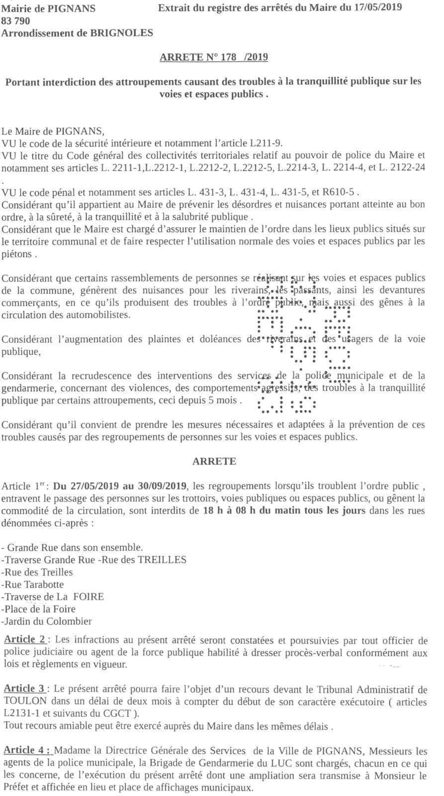 Affiche : Arrete 2019 178 attroupements