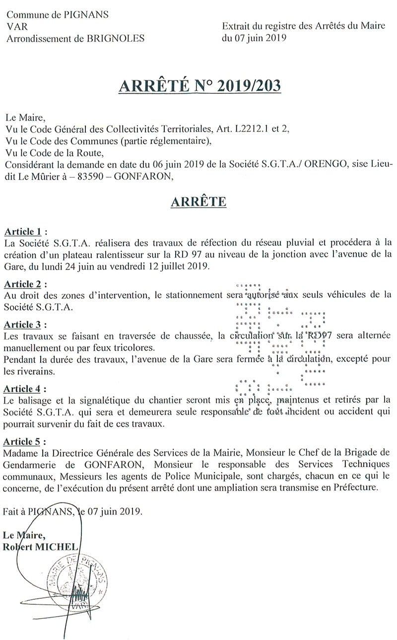 Affiche : Arrete 2019 203 rd97 avenue de la gare