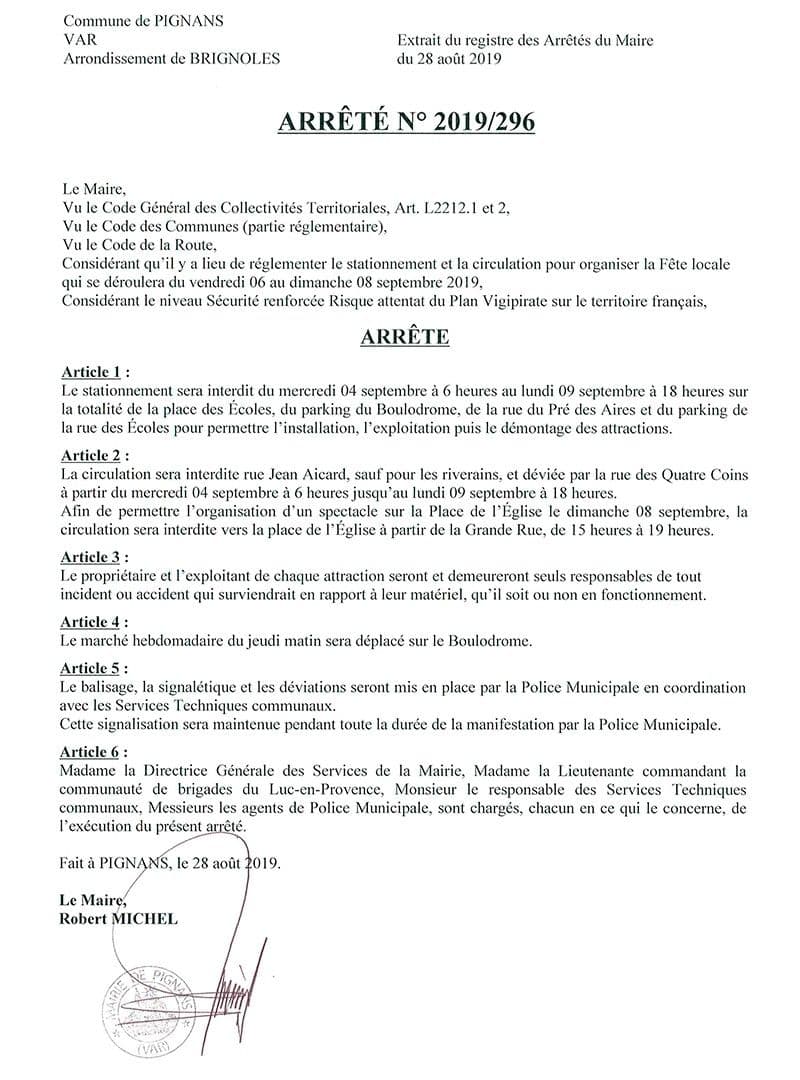 Affiche : Arrete 2019 296 fete locale