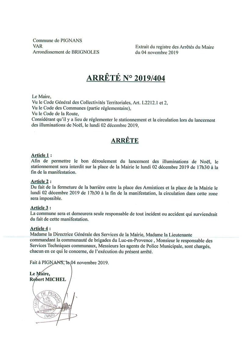 Affiche : Arrete 2019 404 illuminations stationnement