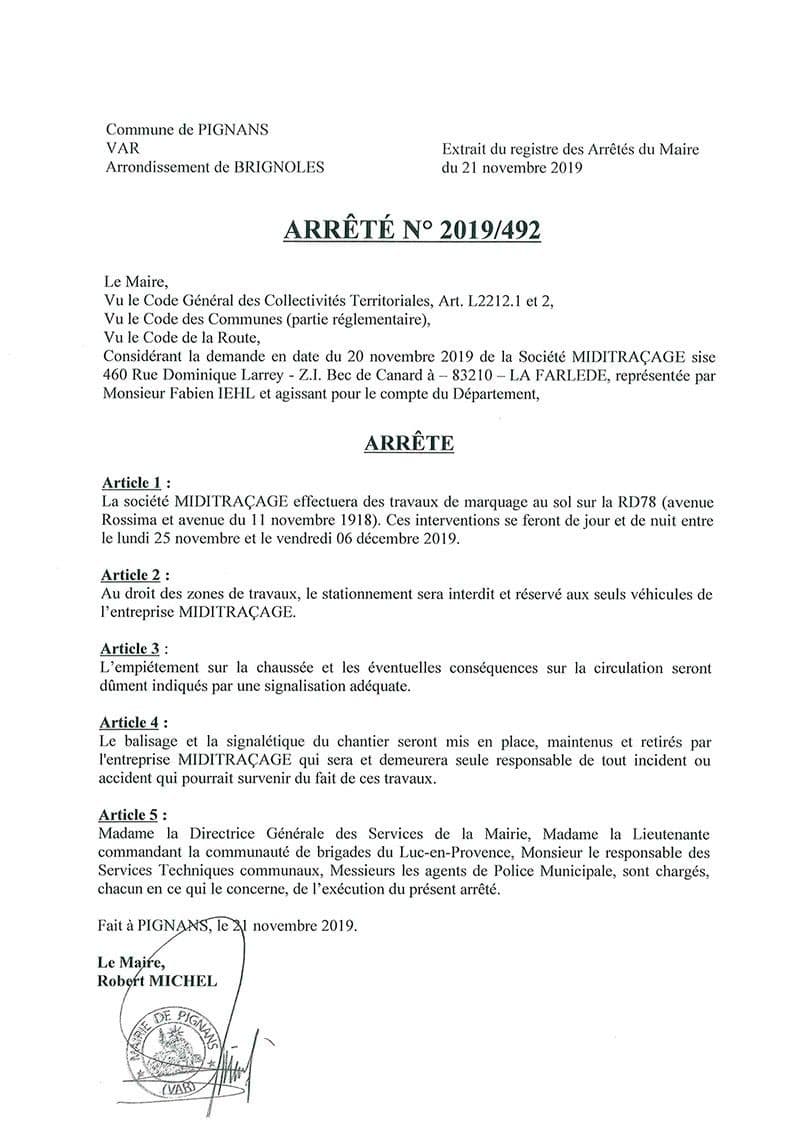 Affiche : Arrete 2019 492 marquage