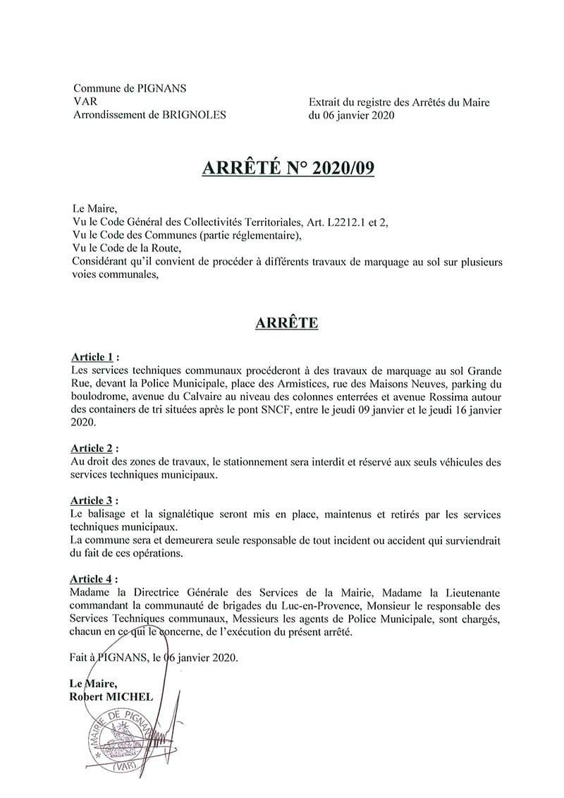 Affiche : Arrete 2020 09 marquag au sol