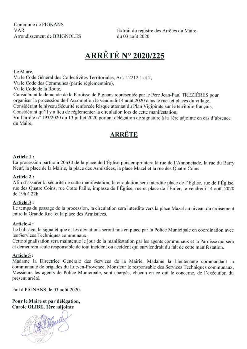 Affiche : Arrete 2020 225 procession