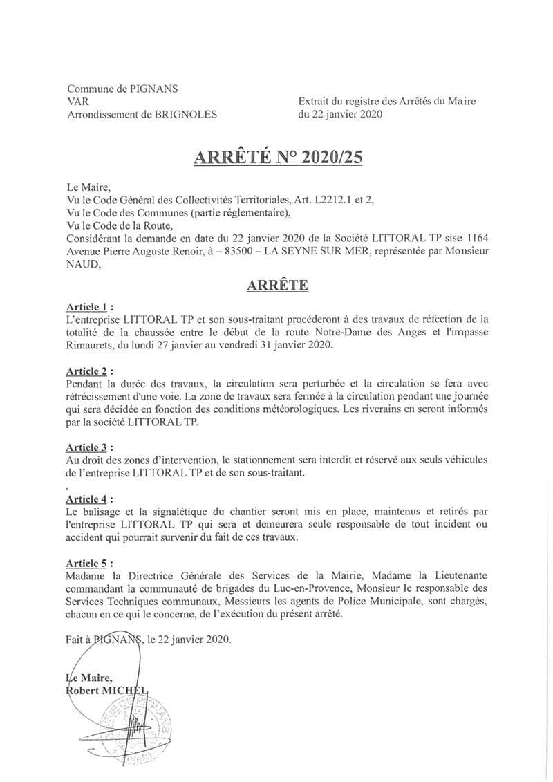 Affiche : Arrete 2020 25 route nda