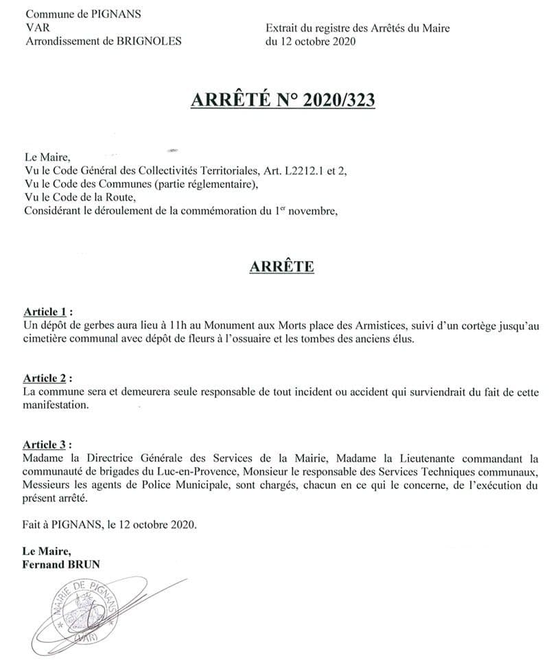 Affiche : Arrete 2020 323 1er novembre