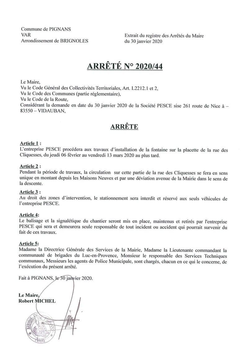 Affiche : Arrete 2020 44 rue des cliquesses