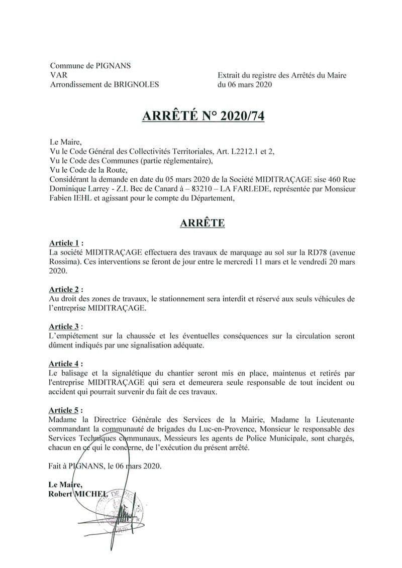 Affiche : Arrete 2020 74 rossima marquage