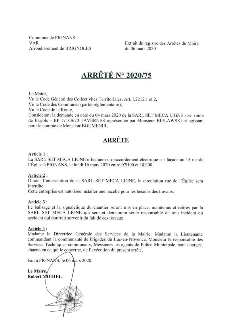 Affiche : Arrete 2020 75 rue de leglise