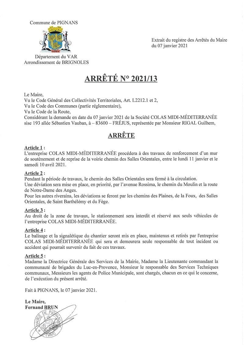 Affiche : Arrete 2021 13 colas