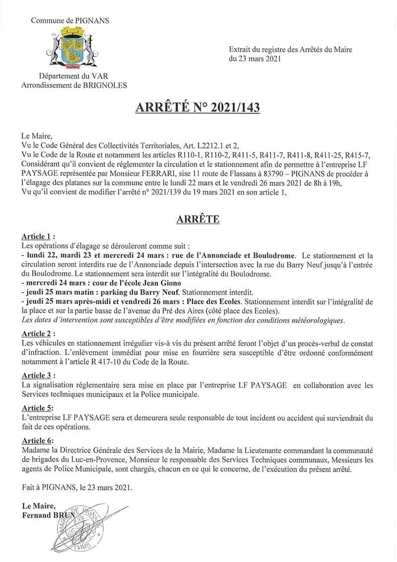 Affiche : Arrete 2021 143 elagage