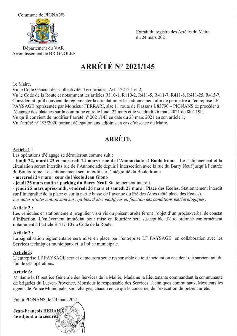 Affiche : Arrete 2021 145 elagage