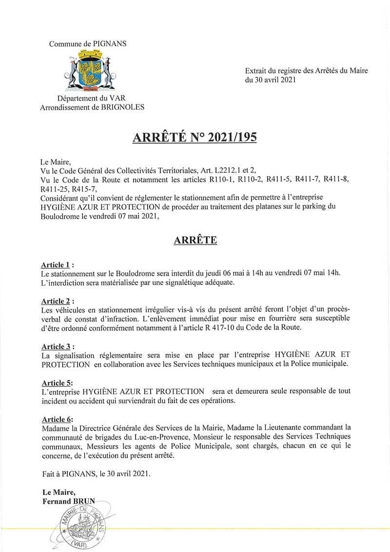 Affiche : Arrete 2021 195 stationnementinterditboulodrome