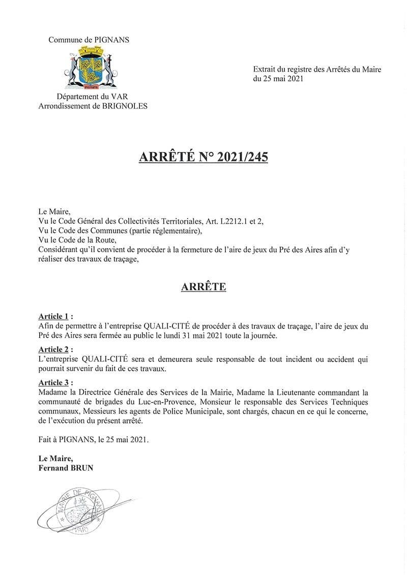 Affiche : Arrete 2021 245 airedejeux