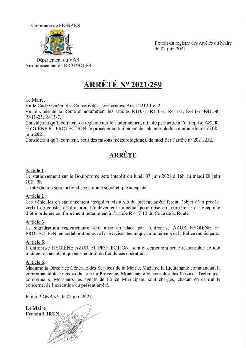 Affiche : Arrete 2021 259 traitementplatanes