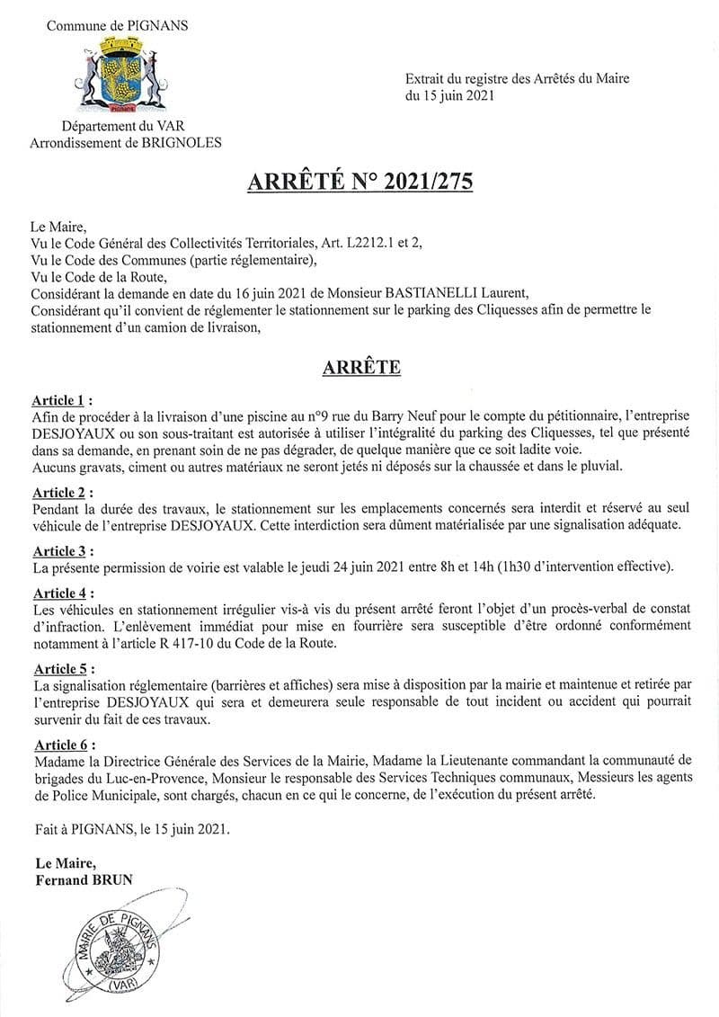 Affiche : Arrete 2021 275 fermetureparkingcliquesses