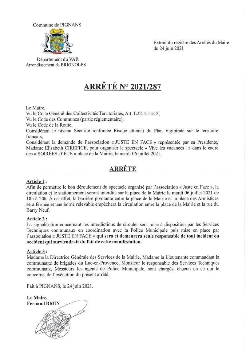 Affiche : Arrete 2021 287 soireeete