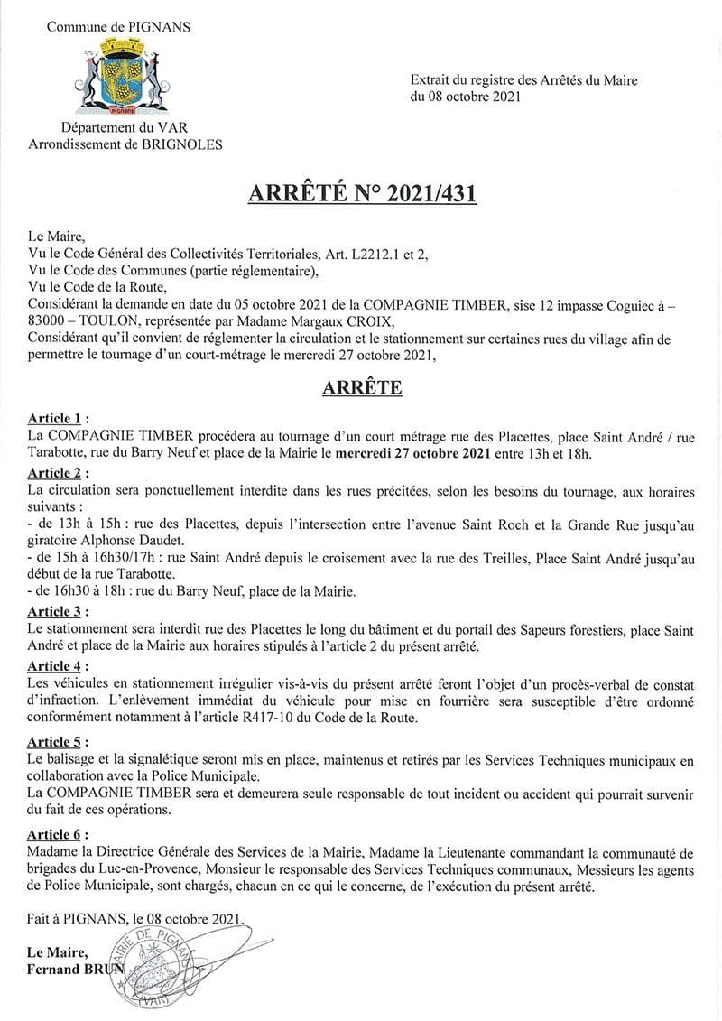 Affiche : Arrete 2021 431 tournagepignans