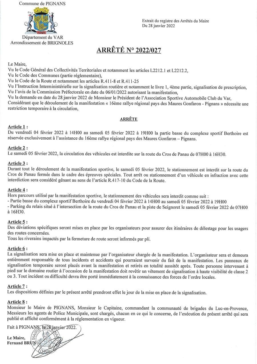 Affiche : Arrete 2022 027 rallyegonfapignans