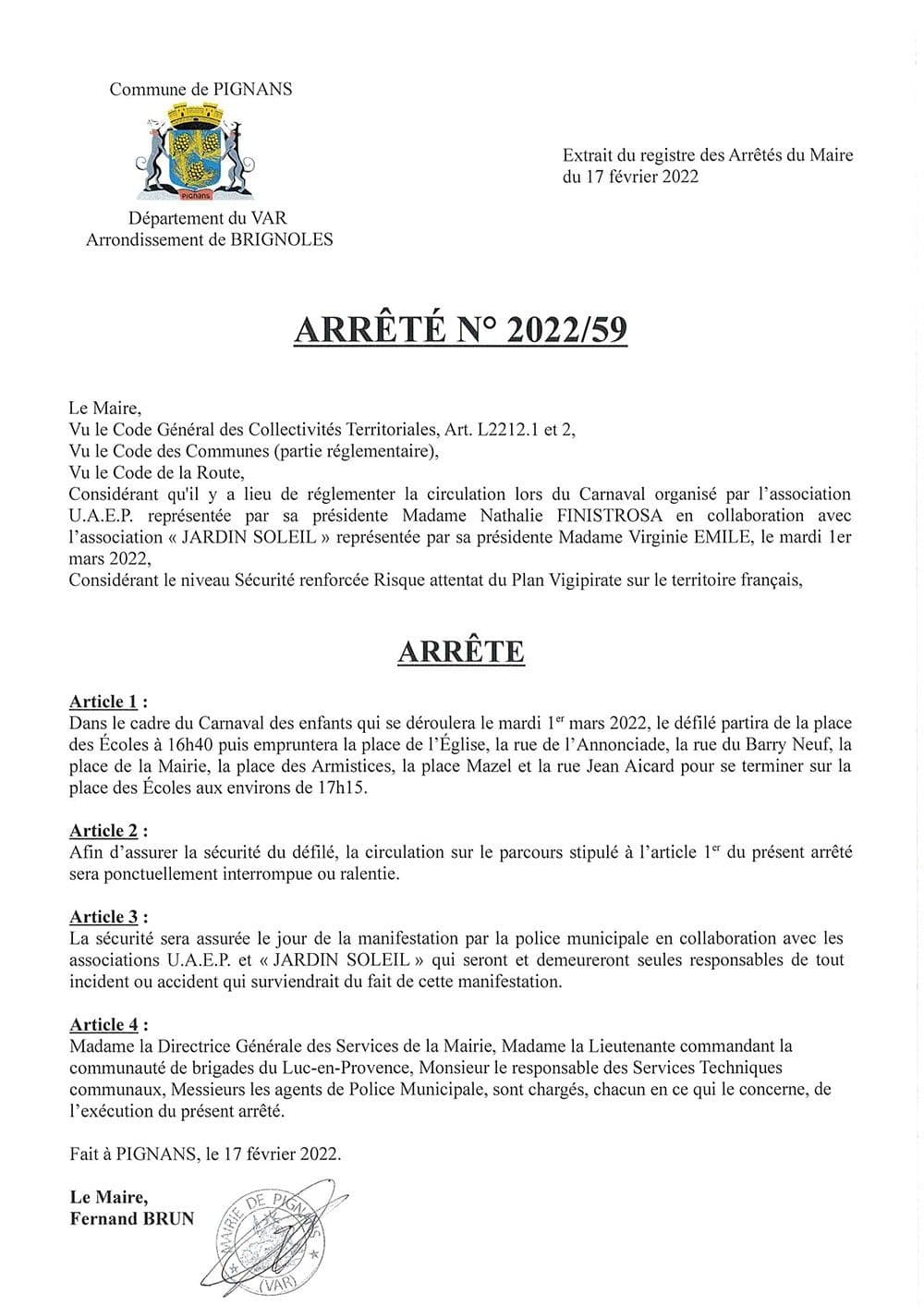 Affiche : Arrete 2022 059 carnaval