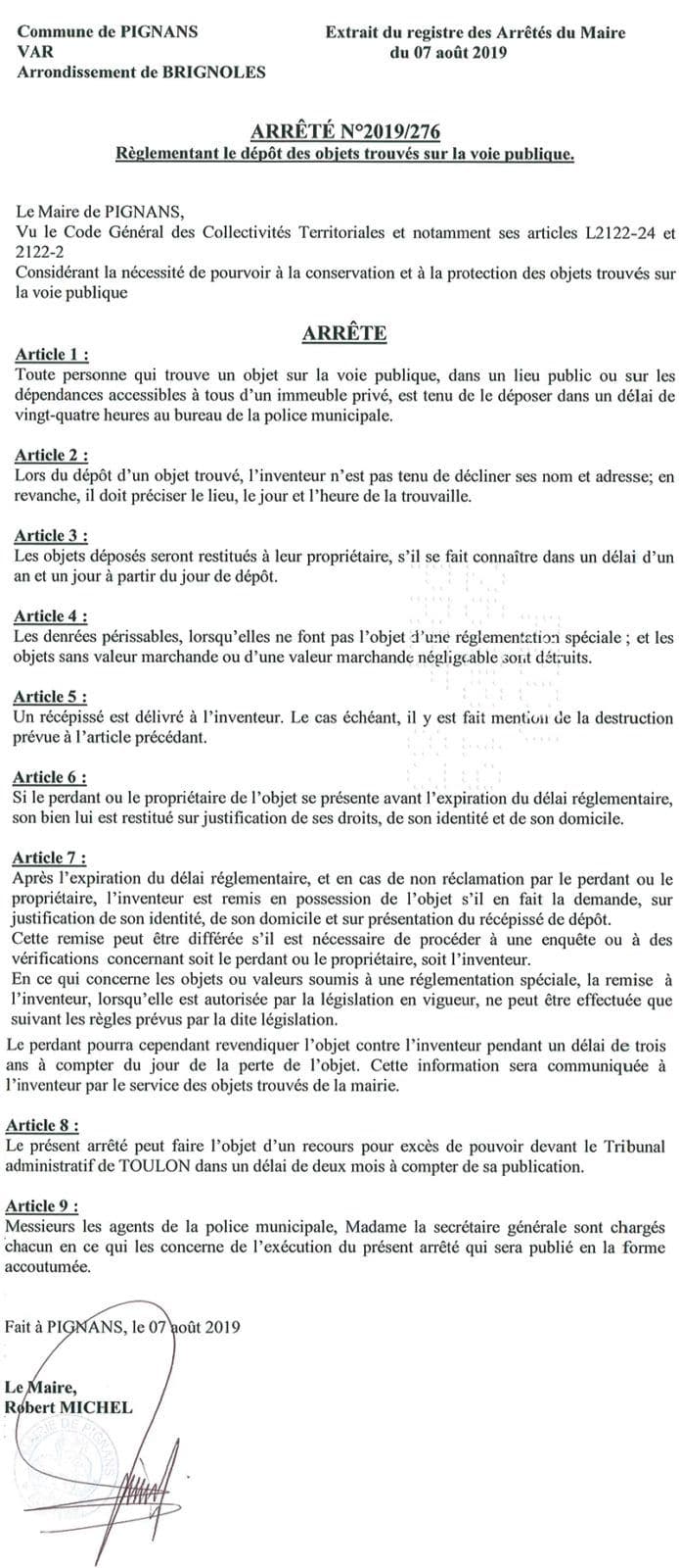 Affiche : Arrete permanent 2019 276 objets trouves