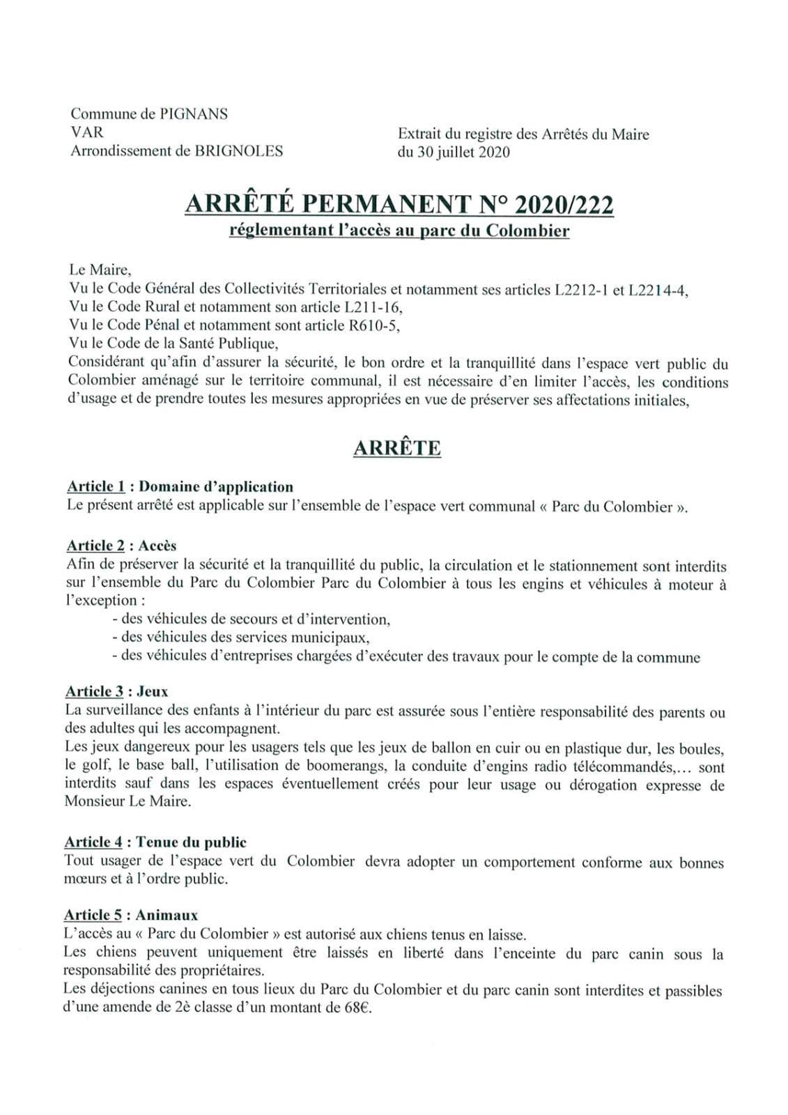 Affiche : Arrete permanent 2020 222 parc colombier